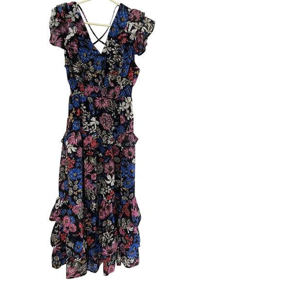 Koko Mason Women M Ruffle Black Floral Maxi Dress Flowy Romantic Whimsygoth NWTT - Picture 1 of 10